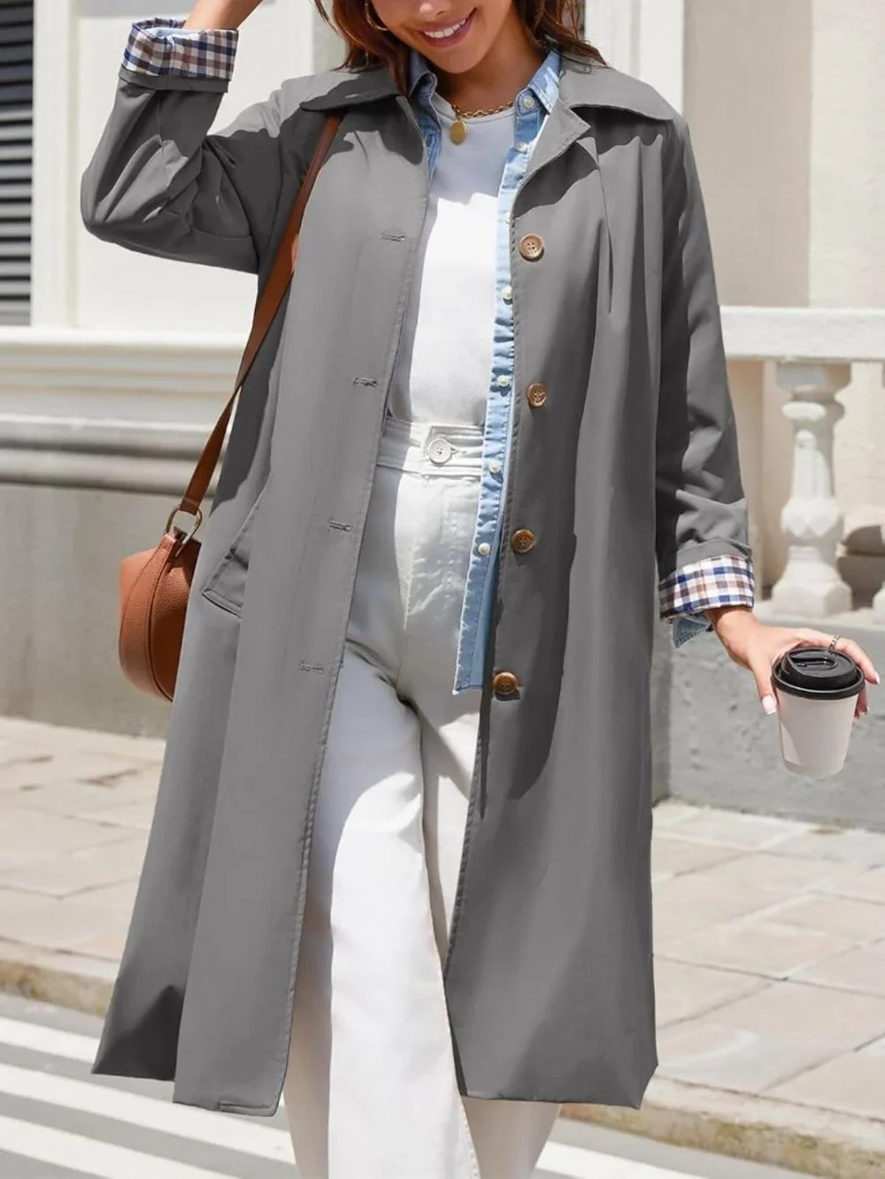 Women's Grey Long Sleeve Oversized Single Breasted Windproof Winter Trench Coat